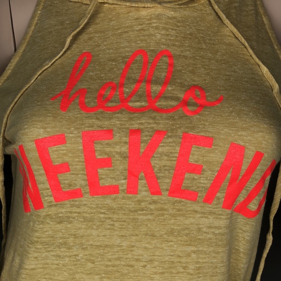 Mustard "HELLO WEEKEND" OPEN SHOULDER HOODED TOP - Picture 6 of 7